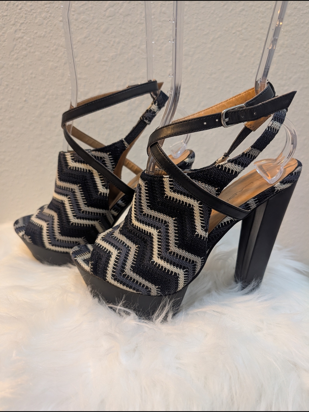 C Label Black, Grey and Cream Zigzag Platform High Heel Sandals